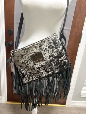 Fringed Cowhide Crossbody Bag in Black and White